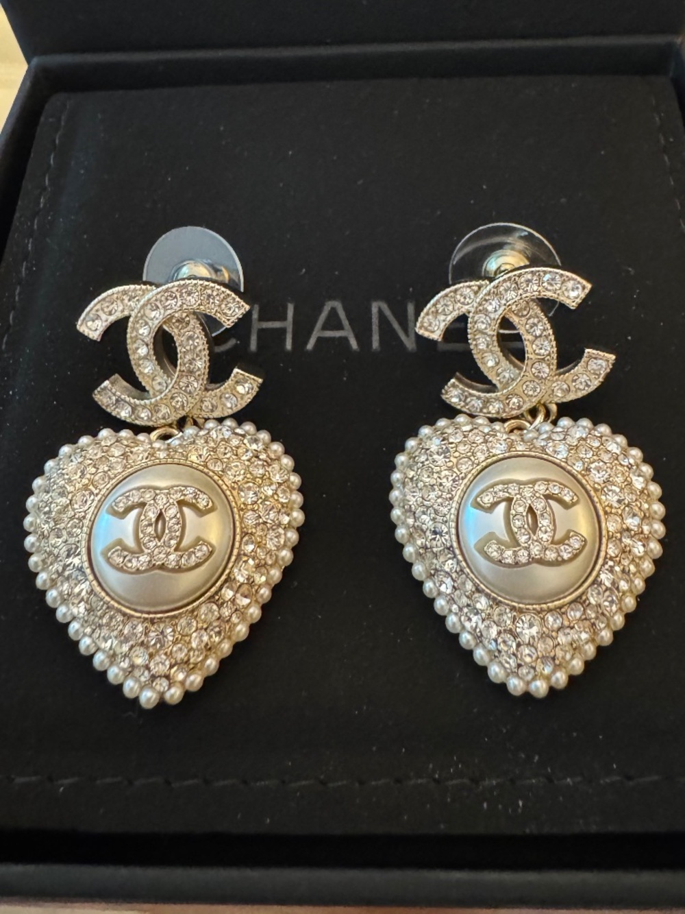 Classic Chanel CC Logo Gold Heart Crystal Embellished Pearl Dangle Drop Earrings